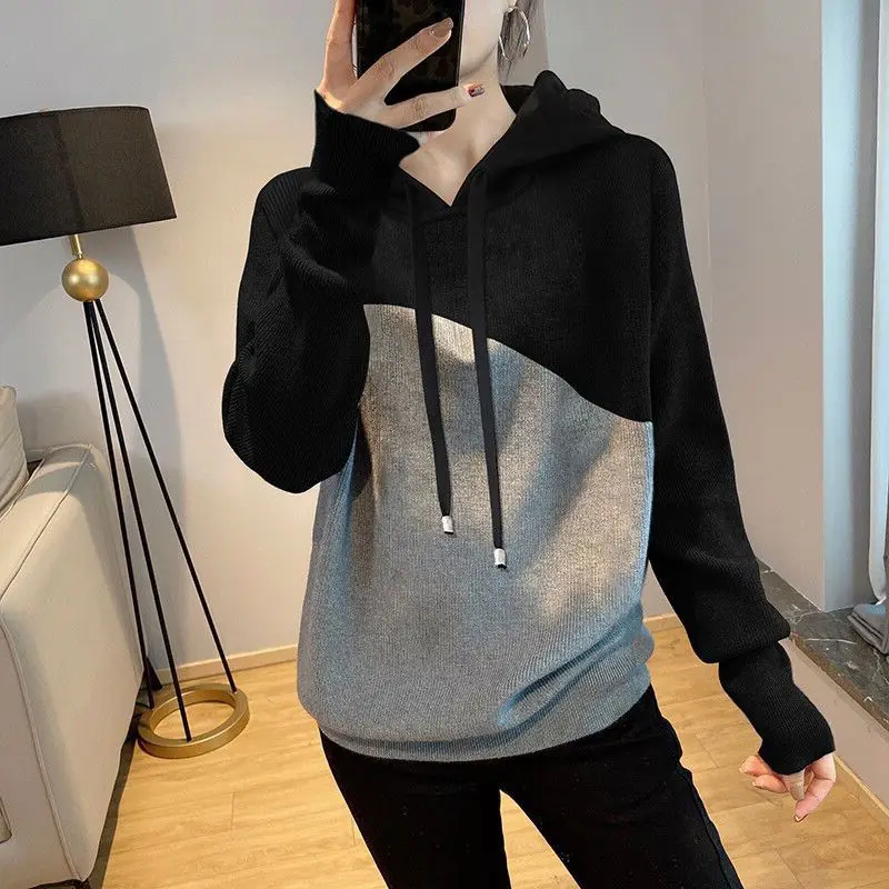 

Women's Hooded Sweatshirts Baggy Contrasting Colors Hoodies Spring and Autumn Loose Female Top Korean Fashion Casual Matching E