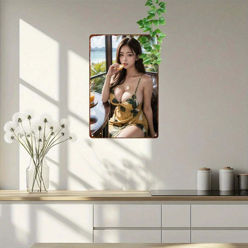 Retro Anime Girl Metal Wall Art 8x12 Inch，Tropical Beach Leaf Decor，Mermaid Wall Sign for Home