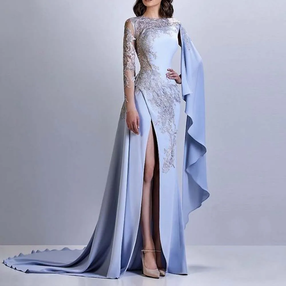 Gorgeous Light Blue Evening Party Dresses O-Neck Floor Length Side Split Full Sleeves Appliques Women Prom Banquet Gowns