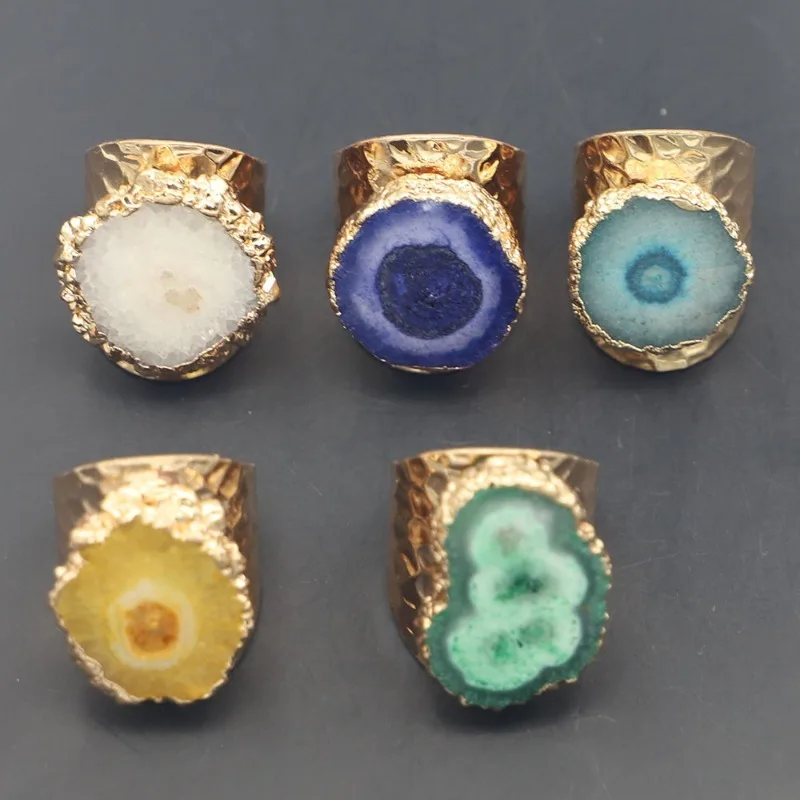 Natural Brazilian Agate Crystal Cave Ring Sunflower Raw Stone Sliced Striped Agate Ring Handmade Boho Gemstone Jewelry