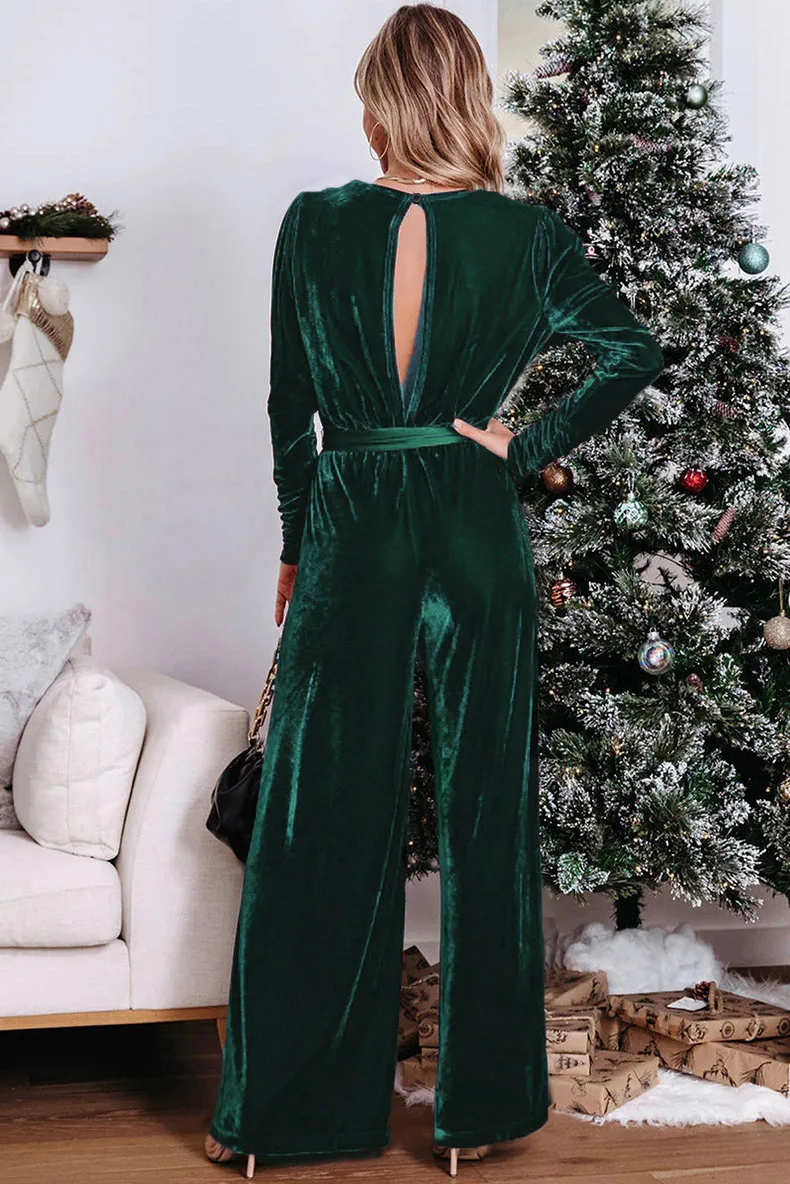 2024 Cross border European and American solid color long sleeved jumpsuit V-neck European and American fashionable and elegant s