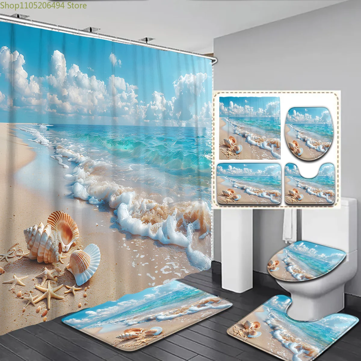 

1pc/3pcs/4pcs 2D Printed Beach Series Seaside Landscape Beach Shell Pattern Shower Curtain Bathroom Set