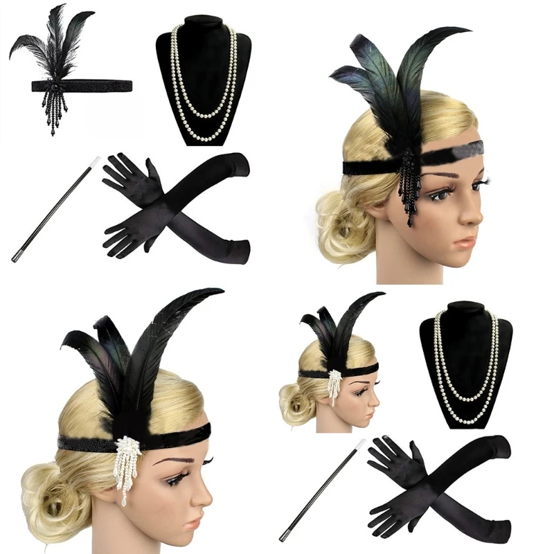 Feather Flapper Headbands Necklace Gloves Stick 1920s Prom Young and Beautiful Headpiece  Elegant Headwear