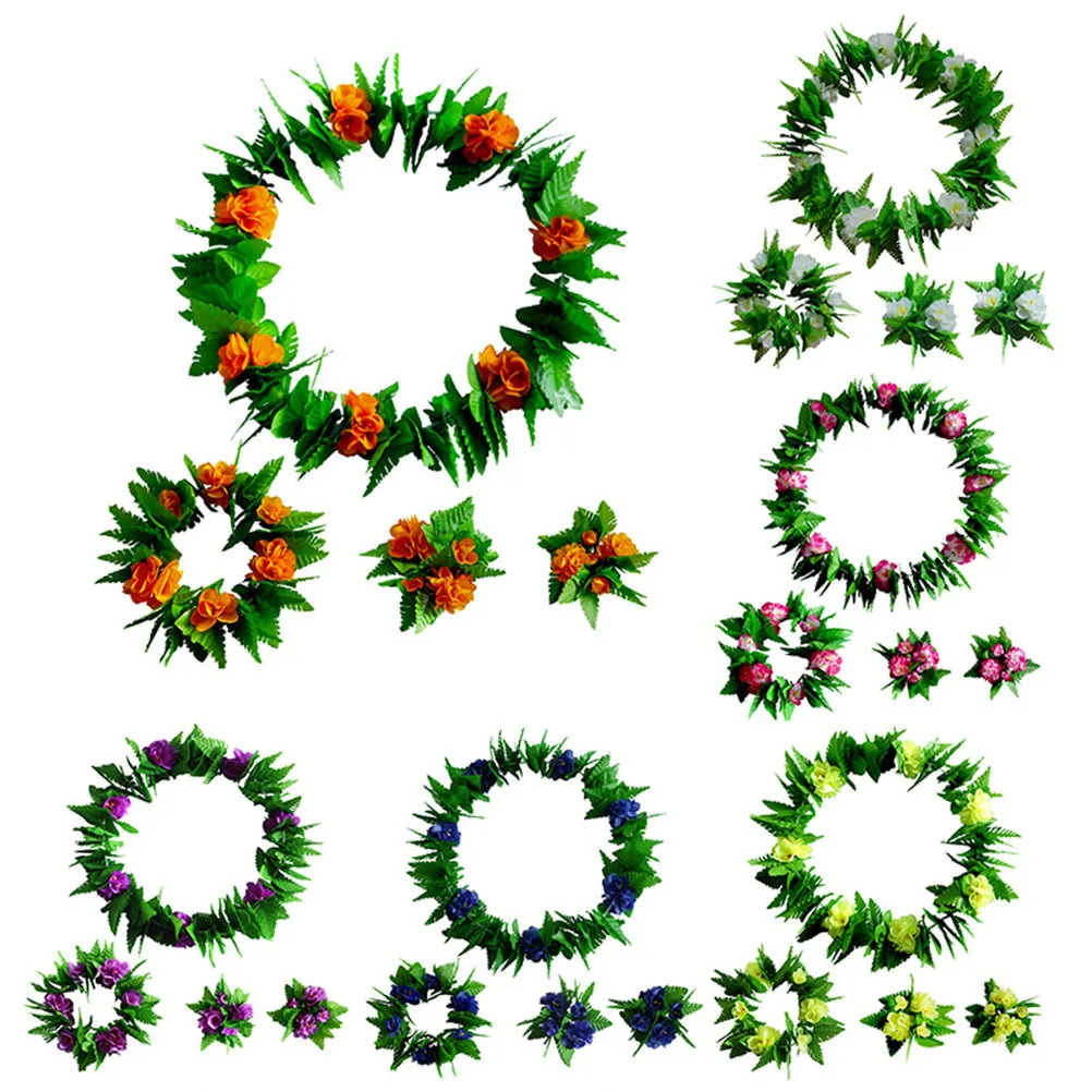 

4Pcs Flower Wreath Set Handmade Realistic Tropical Floral Headband Necklace Bracelets Perfect Luau Party Photo Prop Beach
