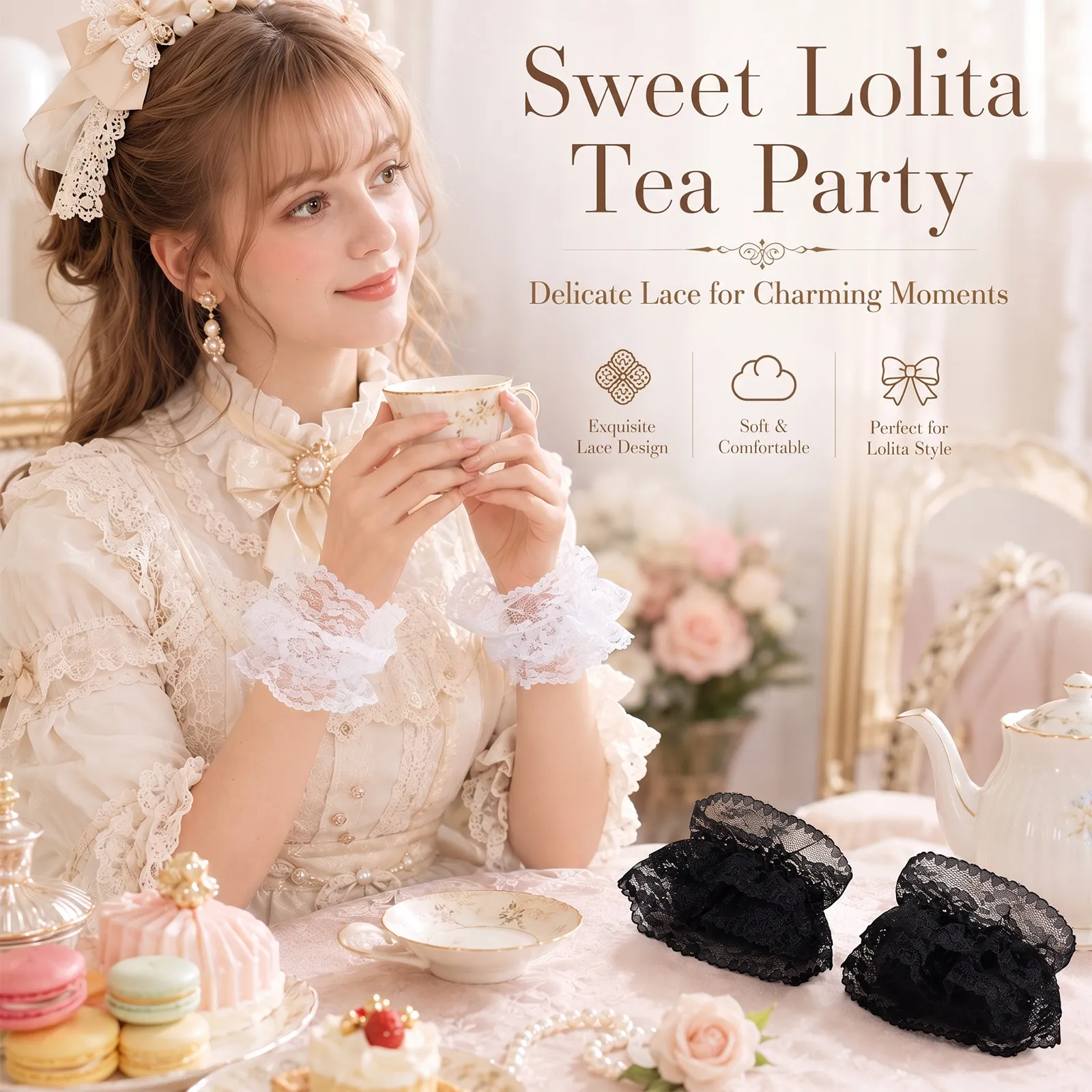 Lace Hand Sleeves for Women – 2 Pairs Short Wrist Gloves, Sweet Delicate Style for Lolita, Wedding, Banquet & Opera