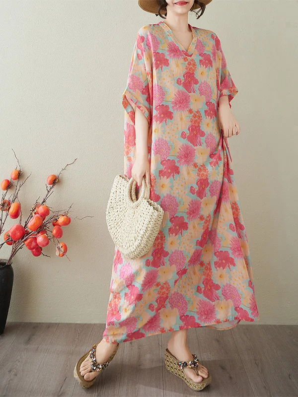 レトロなコットンリネンロングドレス、Vネック、花柄プリント、夏の旅行、カジュアル、ゆったりとしたウエスト、オルトスヴェ、Hシェイプ、Aラインドレス