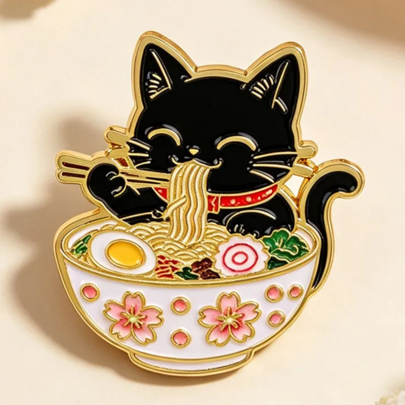 Cute Black Cat Eating Noodles Enamel Pin Lovely Animal Lapel Badge Backpack Clothes Decor Metal Brooch Daily Jewelry Gifts view 4