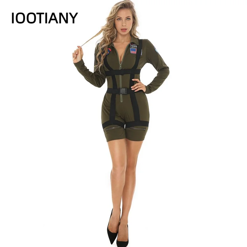 Top Gun Cosplay Amerikaanse Luchtmacht Aviator Uniform Halloween Kostuums Voor Vrouwen Volwassen Legergroen Militaire Piloot Jumpsuit