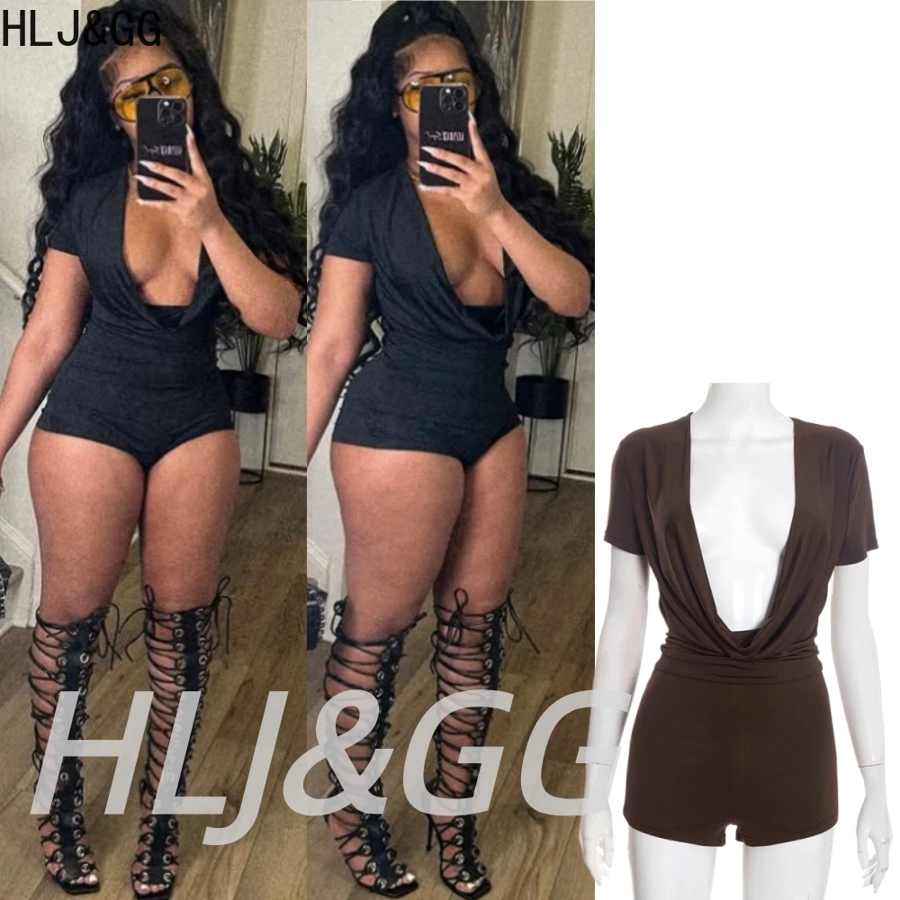 

HLJ&GG Sexy Deep V Ruched Bodycon One Piece Rompers Women Short Sleeve Slim Overalls Fashion Solid Color Jumpsuits Streetwear