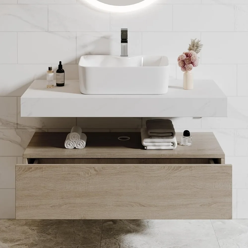

35" Floating Bathroom Vanity, Wall-Mounted Storage Cabinet Single Piece Set with Sintered Stone Countertop, Ceramic Basin Sink