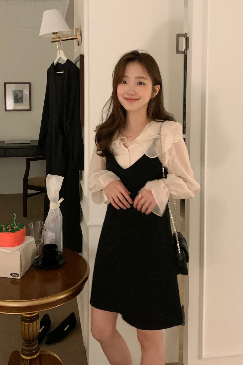 เกาหลี Sle ยาว Sve หวานตุ๊กตาผู้หญิง irt กับกระโปรงจีบฤดูใบไม้ผลิอเนกประสงค์เดินทางเอวสูง A-Line D...