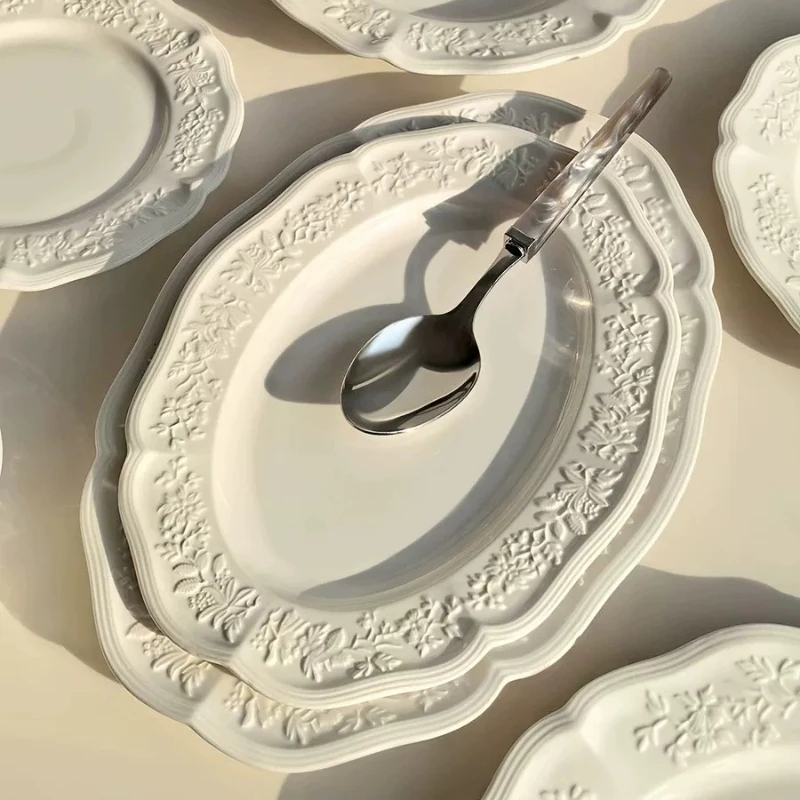 French Retro Relief Floral Ceramic Tableware, Breakfast Plate Western Dinner Plate, Coffee Cup & Saucer Set, Home Kitchen Decor