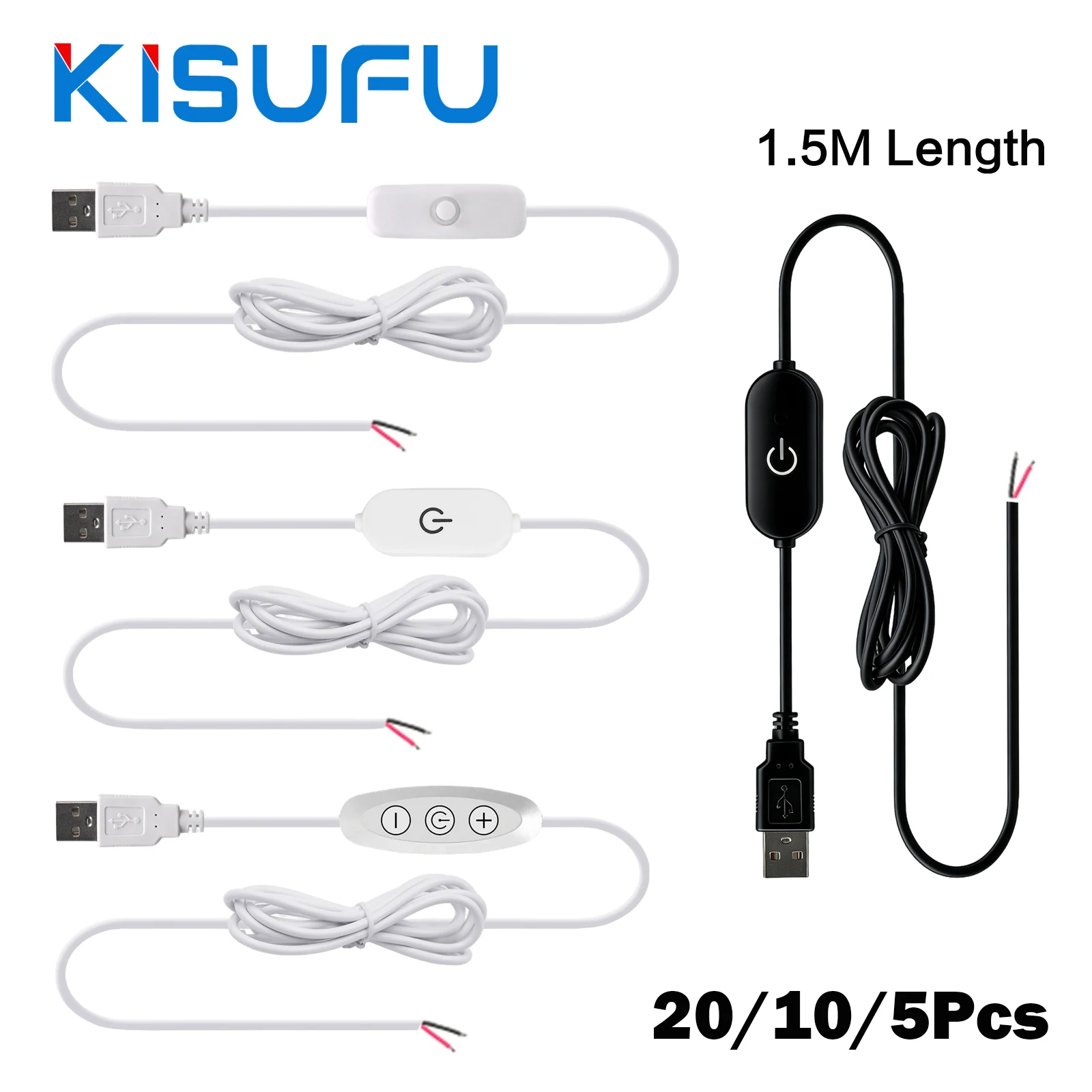 

USB 5V Switch/Dimmer Power Supply With 2Pin Wire 1.5M Male to 2 Core Connection Cable For 5V LED Strip Lamp Bulb Light 1-20Pcs