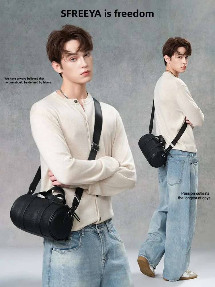 Casual Men's Crossbody Bag Vintage Commuter Slouchy Sensation Single Shoulder Bag Leisure All-Match Youth round Box Shape Lea...