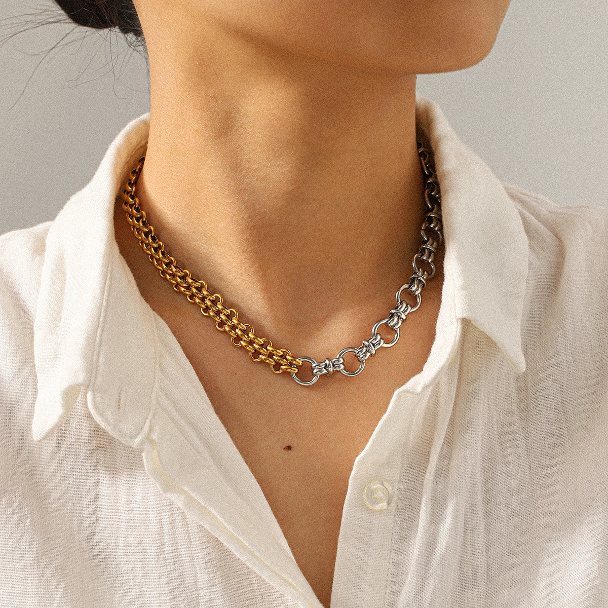 

Two Tone Stainless Steel Necklace 18k Gold Plated Neck Neutral High Quality Thick Chain Necklace Suitable Party Festival Gifts