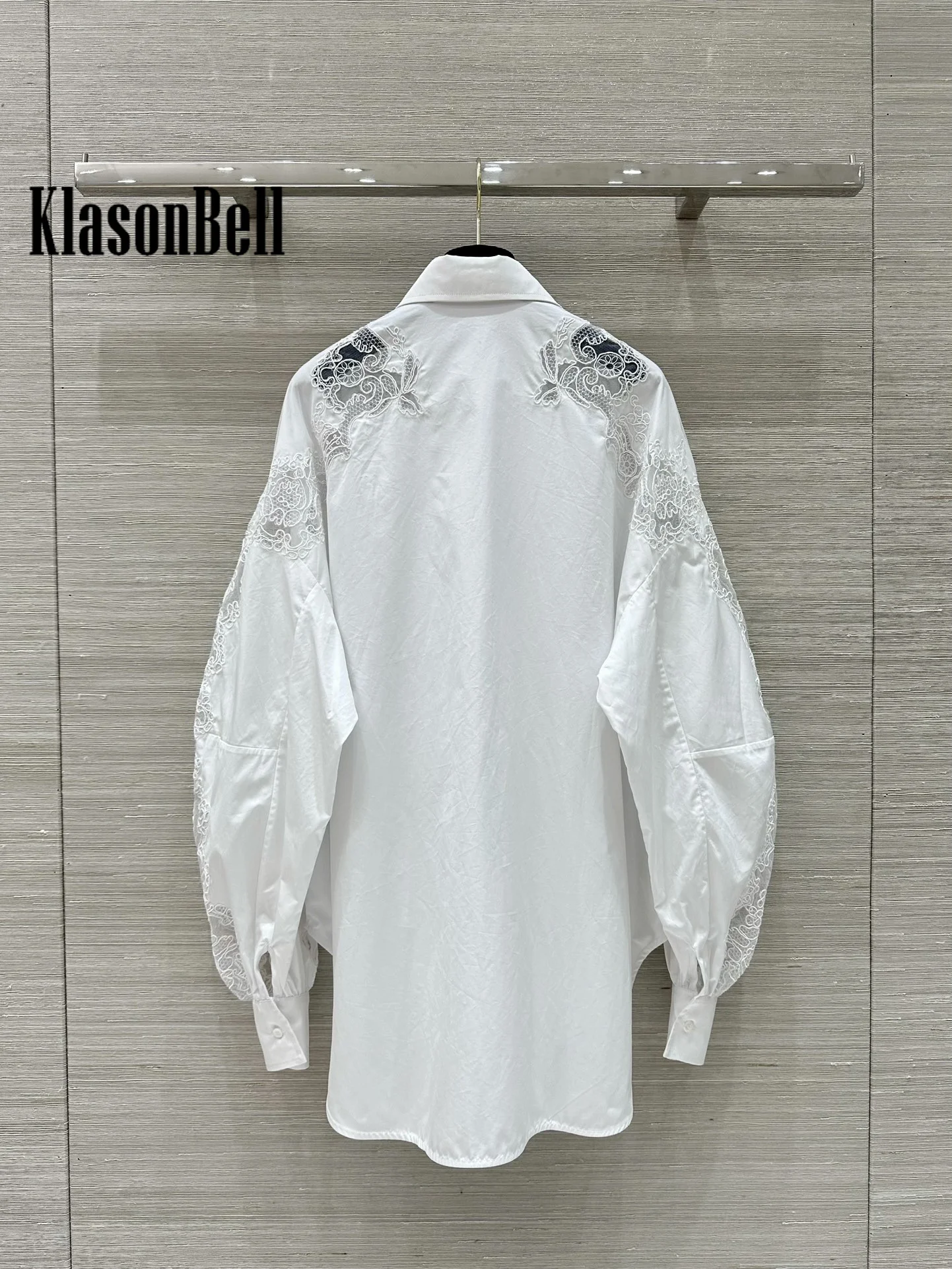 8.26 KlasonBell Women's 2024 Autumn New Fashion Lace Embroidery Flower Long Sleeve Shirt Cotton Loose Lapel Hem Split Blouse