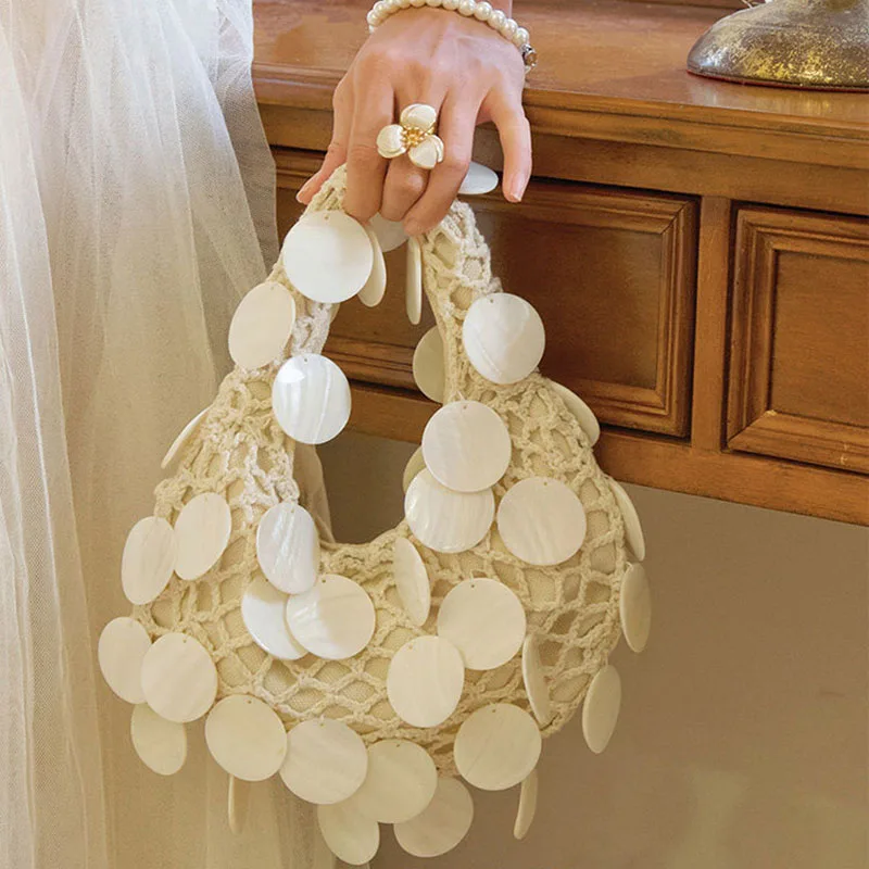 Shiny Beads Clutch Mommy-Child Bag Handwoven Hollow out Beach Countryside Vacation Style Handbag Bucket Shape Soft Texture