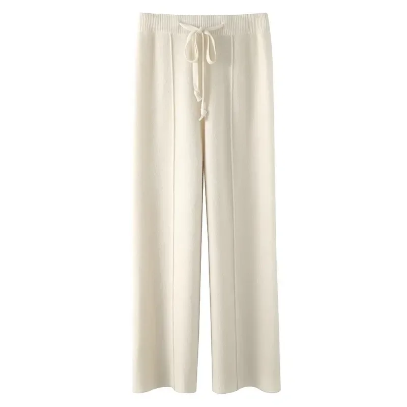 Woollen Trousers Women's Fall and Winter Outer Wear Knitted Drooping Wide-Leg Pants White Mop Pants Small Straight Cloud Pants