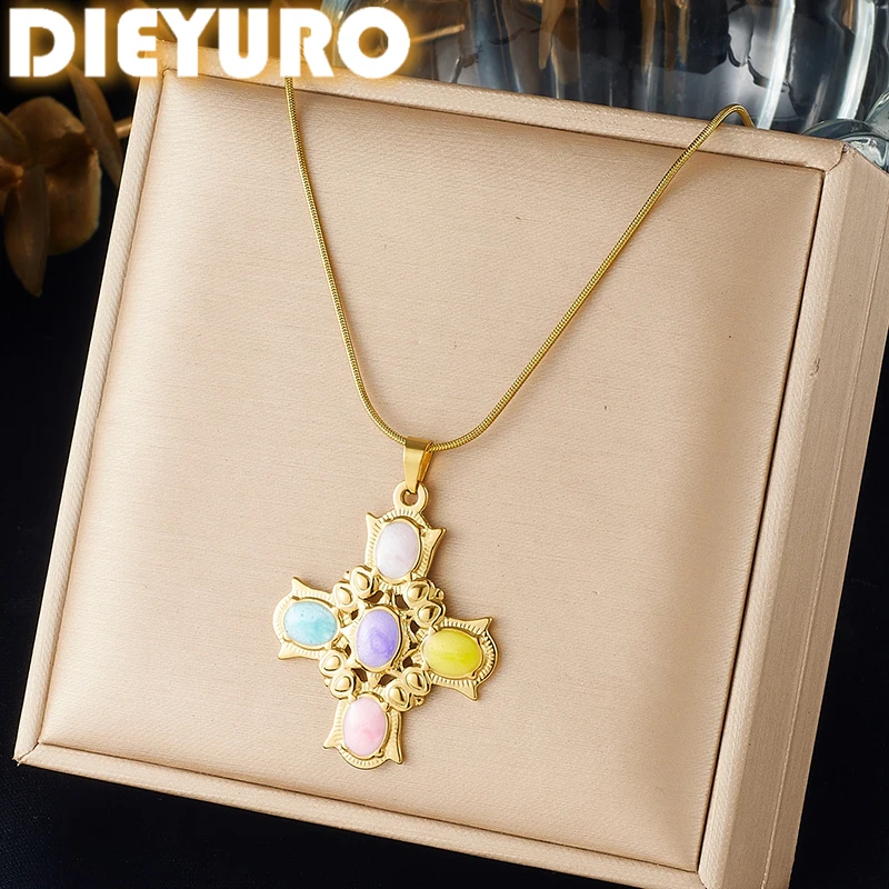 DIEYURO 316L Edelstahl Bunte Emaille Geometrisches Kreuz Anhänger Halskette Damen Mode Böhmische Halskette Schmuck Geschenk