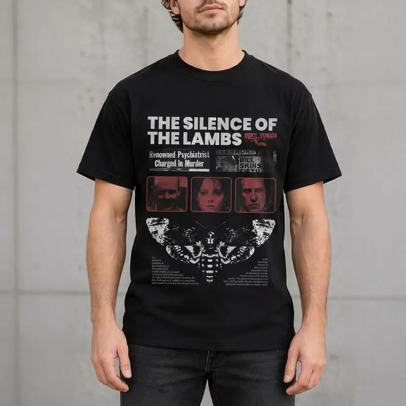 The Silence of the Lambs Horror Movie Graphic T-Shirt, Hannibal Lecter Vintage Print Halloween Gift Tee, Unisex Casual Top S-6XL