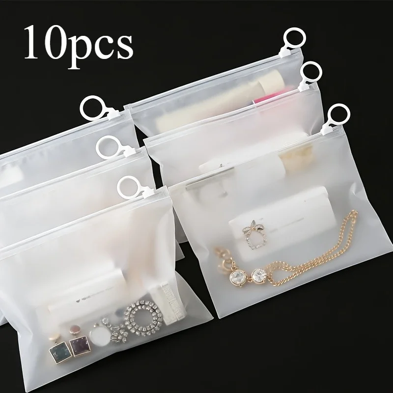 10-Pack Transparent Frosted Reusable Zipper Bags with Finger Loops — Suitable for Travel Storage — Space-Saving Hanging Storage