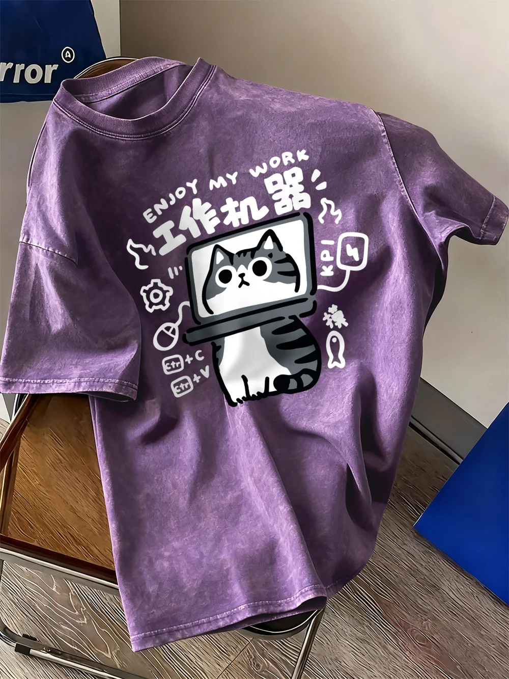 Profitez du mon travail drôle chat imprime lavé T-Shirts femmes coton à manches courtes hauts rue col rond surdimensionné t-shirt vêtements d'été