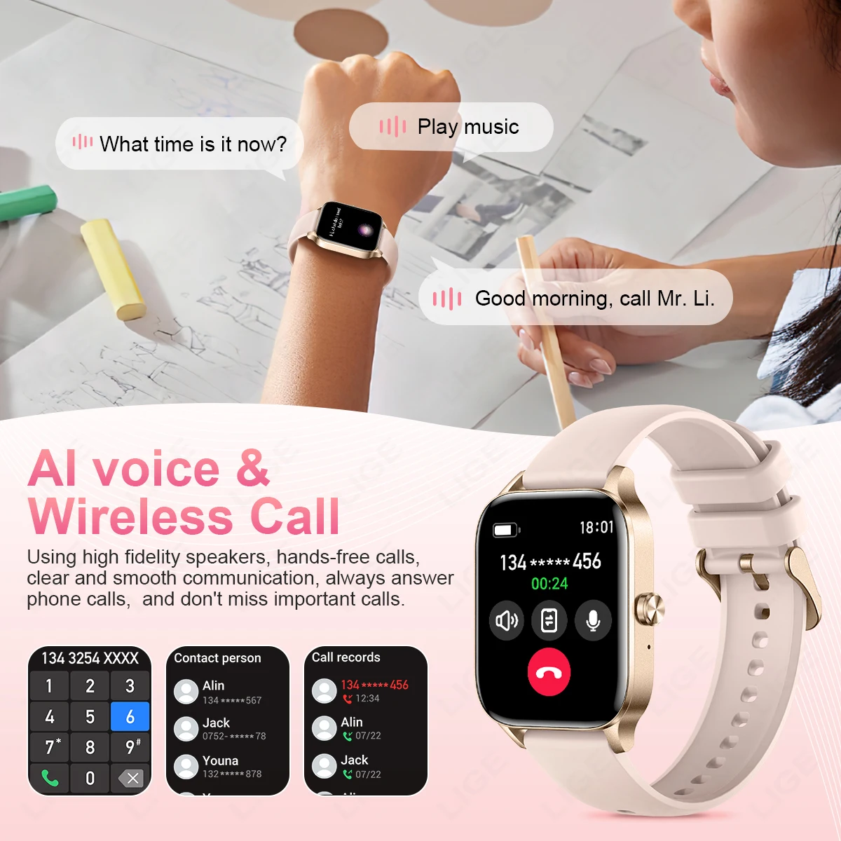 LIGE Fashion Smart Watch BT Call Custom Dial Curved Glass Luxury Bracelet Women\'s Health Monitor Lady Gift Clock Smartwatch Men