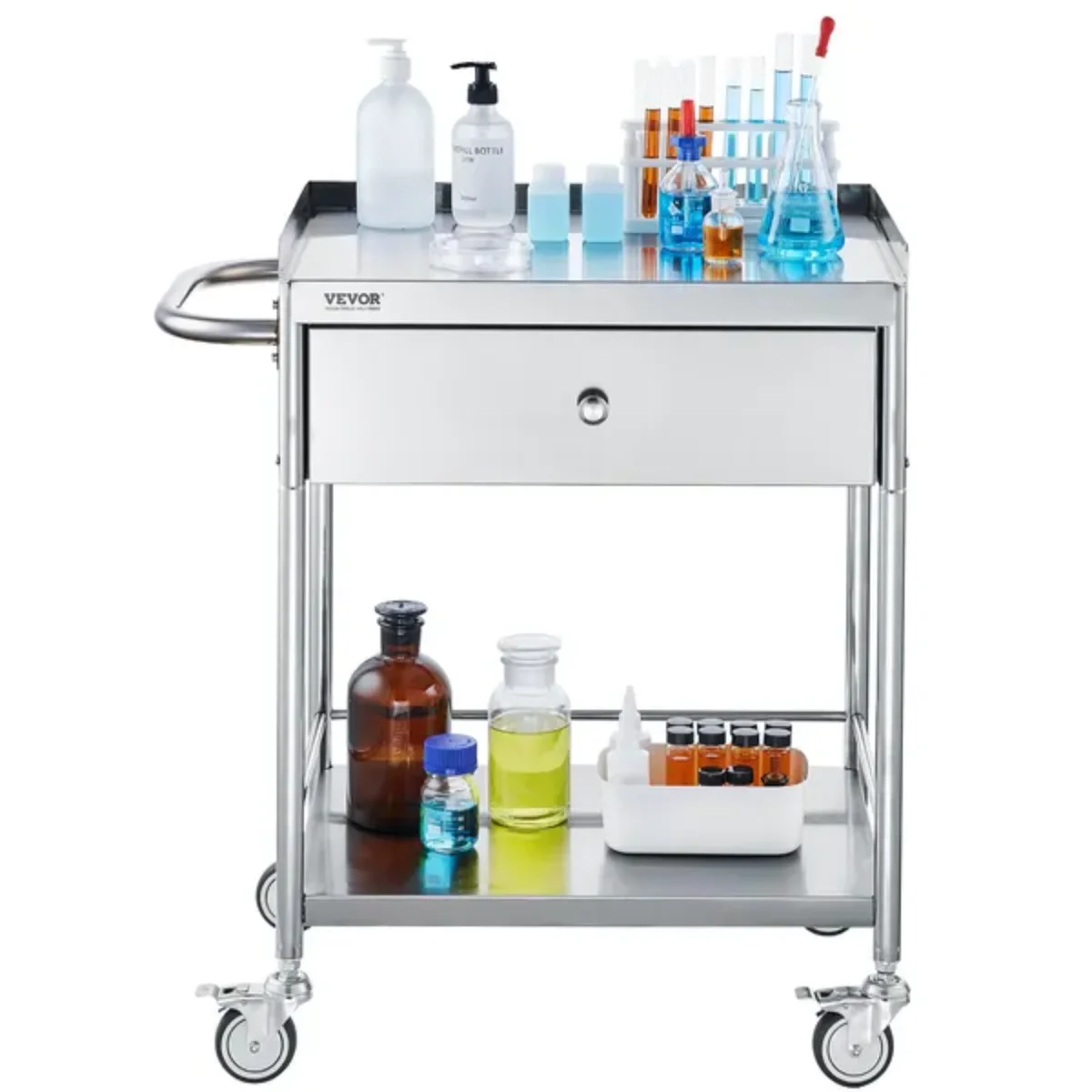 Carrello medico VEVOR a 2 livelli in acciaio inossidabile - capacità 220 libbre, 360 °   Ruote e cassetto - Laboratorio/Clinico/Cucina/Salone