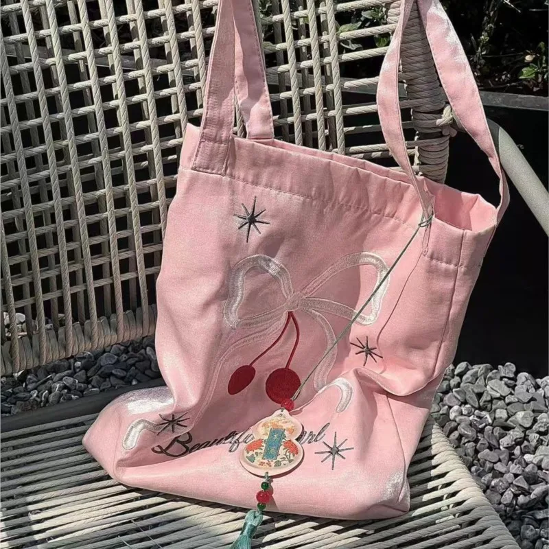 

JIAERDI Korean Sweet Cute Bow Tote Bag Women Embroidery Canvas Large Capacity Shoulder Bag Ladies Pink Harajuku Underarm Bag New