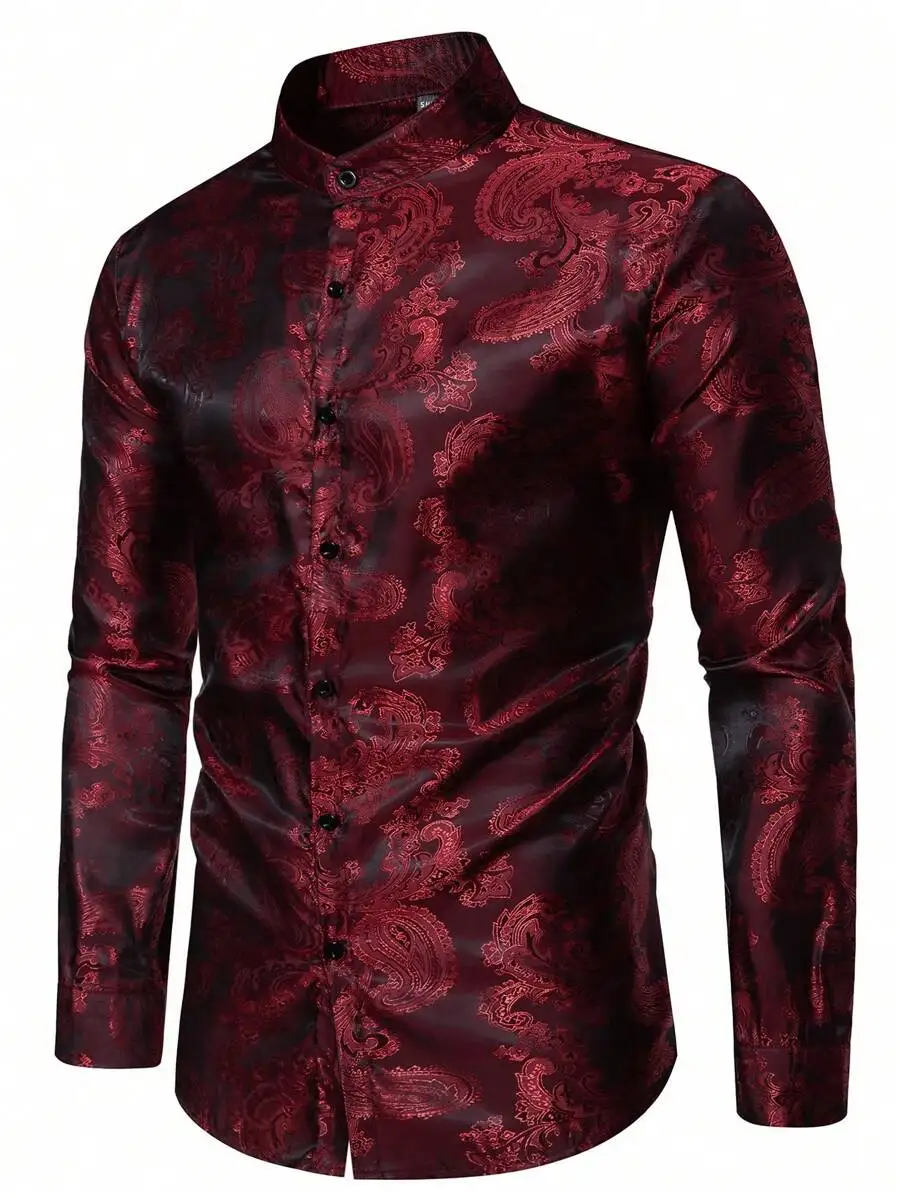 

Men's Loose Fit Jacquard Stand Collar Long Sleeve Shirt in Burgundy Paisley Pattern