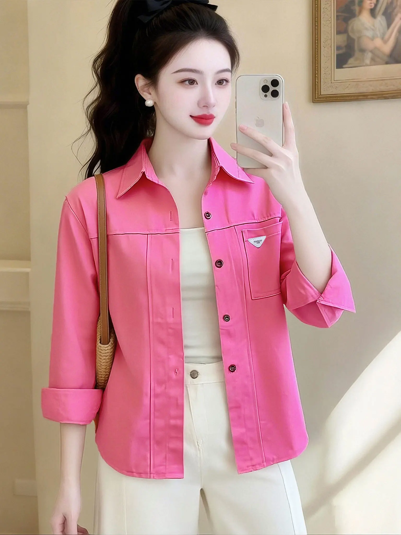 

Повседневная женская рубашка с длинным рукавом, новинка весна-осень, нежная, омолаживающая, розовая, с коротким воротником, в корейском стиле, для офиса, свободного кроя