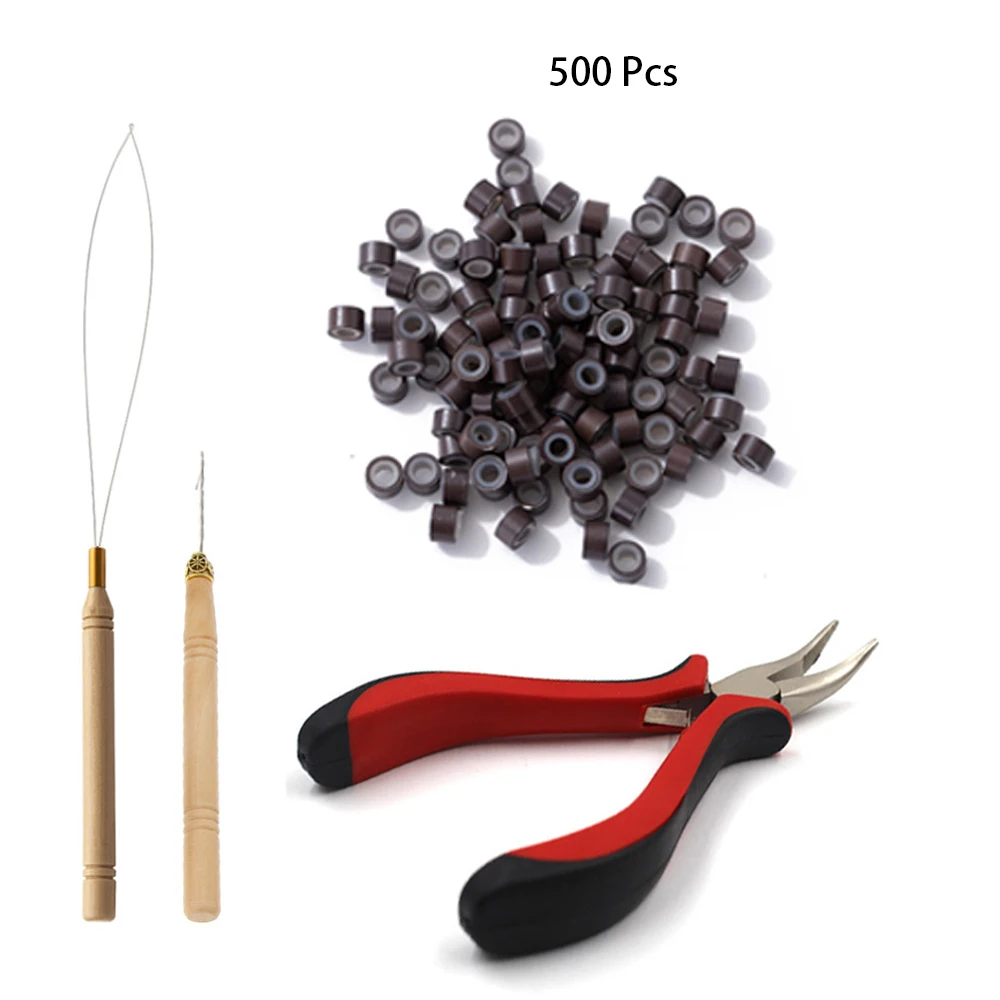 Hair Extensions Beads Tools Kit Extensions Micro Pulling Needle, Loop Threader and 500 Pieces Silicone Lined Micro Rings