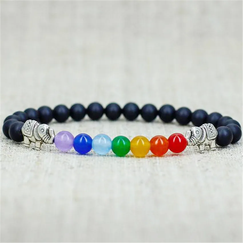 Black Agate 7 Chakra Gemstone Mala Bracelet 7.5 inches  Unisex Trendy Chain Ethnic Adjustable Gift Prayer