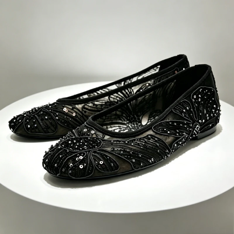 Designer Embroidery String Bead Mesh Ballet Flats Women Loafers Sequin Pearl Detail Elegant Mary Jane Shoes Comfort Flat Sandals
