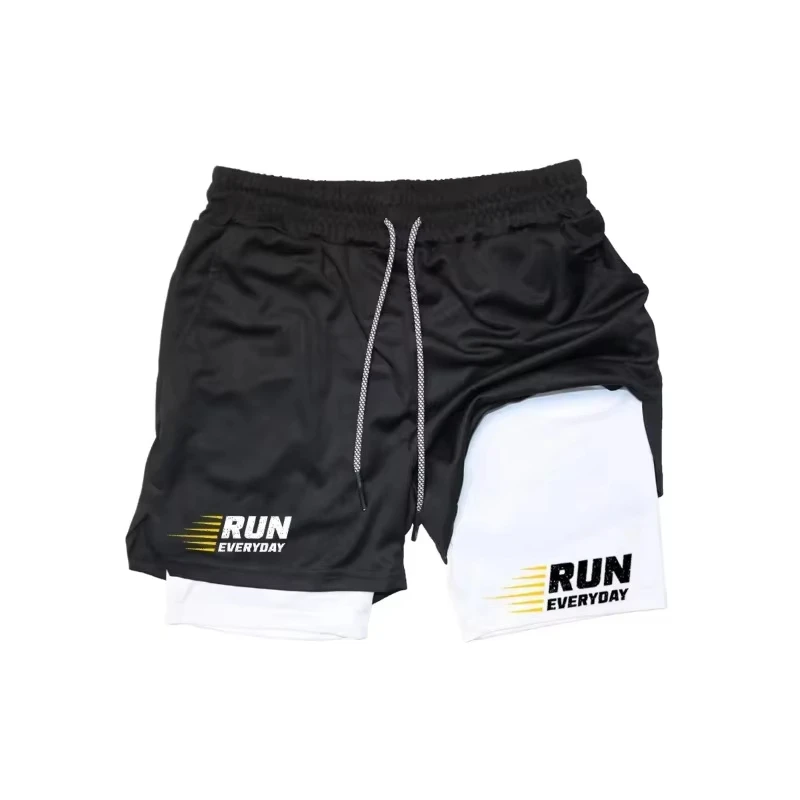 Men's compression gym shorts, RUN printed sports pants, double layered, quick drying, basketball, muscle, fitness JW125