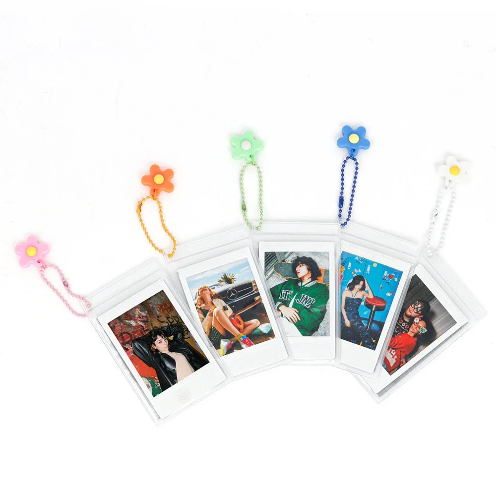 Compact and portable photo card case with transparent cover. Colorful small beads chain keychain. 3-inch Polaroid card case.