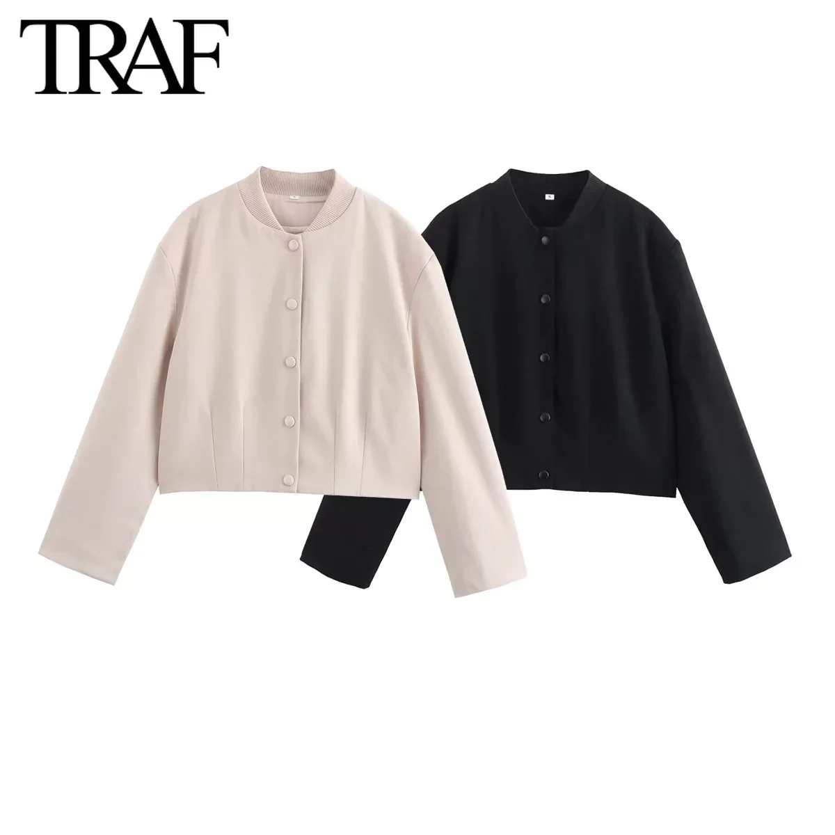 TRAF Women Fashion Autumn Solid Color Loose Pilot Jacket Long-sleeved Single-breasted Stand Collar Short Coats Chic Female Tops