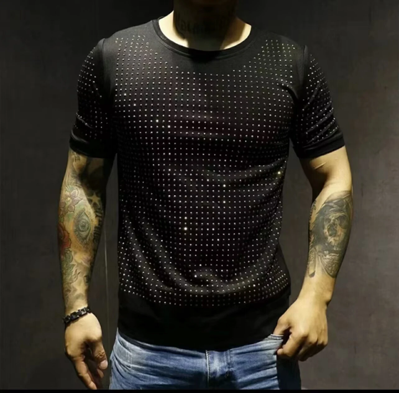 S-5XL Rhinestones Graphic T-shirt Streetwear men\'s short sleeve top quality man heavy industry Anime