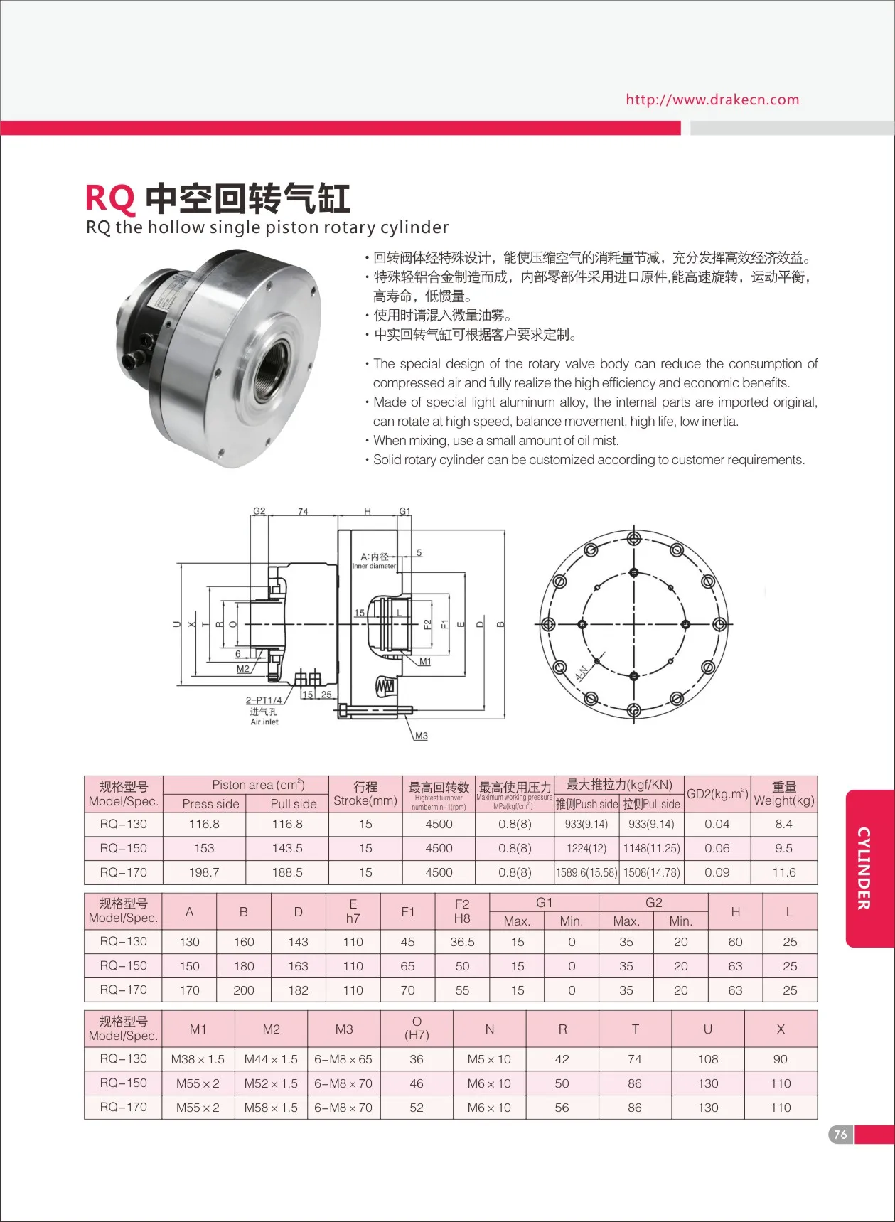 Cilindros neumáticos giratorios de aire RQ para máquina de torno CNC