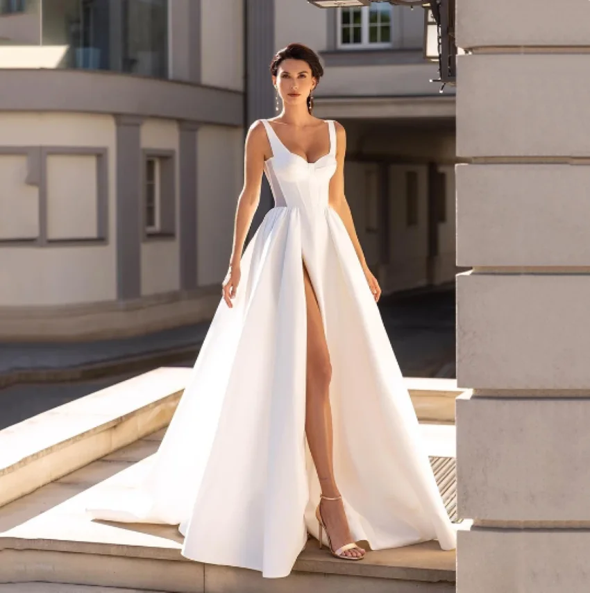 Robe de mariée en satin blanc, dos nu, tenue élégante, couleur unie, coupe trapèze, fendue sur le côté, 2024