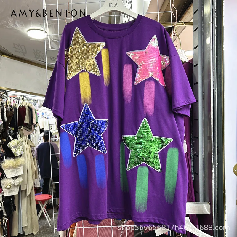 

Heavy Industry Design Sense Sequin Five-Pointed Star Loose Short-Sleeved T-shirt Summer Fashion Casual Versatile Top Kawaii Tees