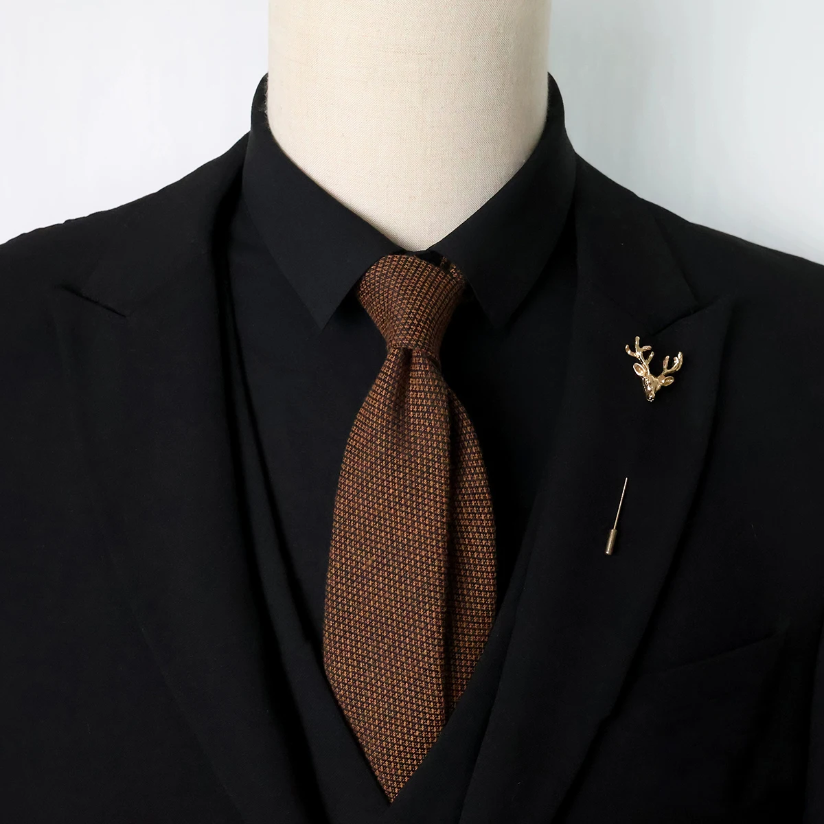 2 Pieces Neck Tie Set Solid Brown Black Green Neckties Mens Formal Business Cotton Wool Ties Wedding Brooch Suit Shirt Accessory
