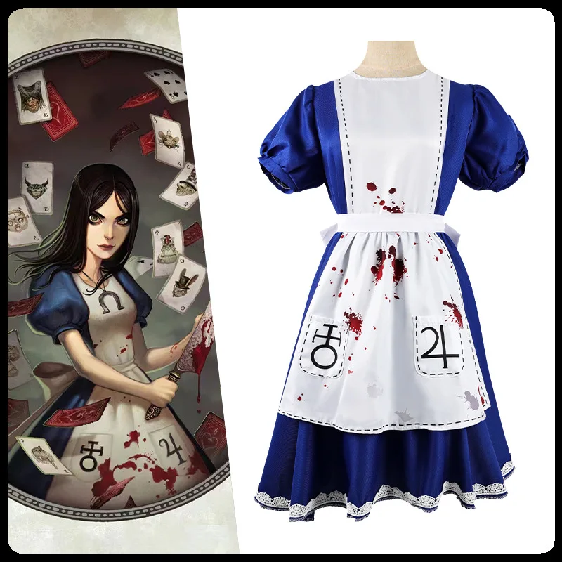 อะนิเมะ Alice Madness ชุดแม่บ้านถุงเท้าเกม Madness Returns Alice คอสเพลย์เครื่องแต่งกายสําหรับหญิงสาวคอสเพลย์ปาร์ตี้ฮาโลวีน