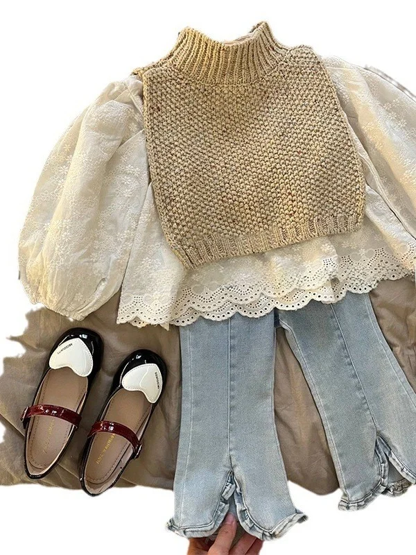 الفتيات محبوك awl الدنيم جرس بوت الرجعية الزي مجموعة ربيع الخريف Faionable الكورية Sle 2025 وصول جديد