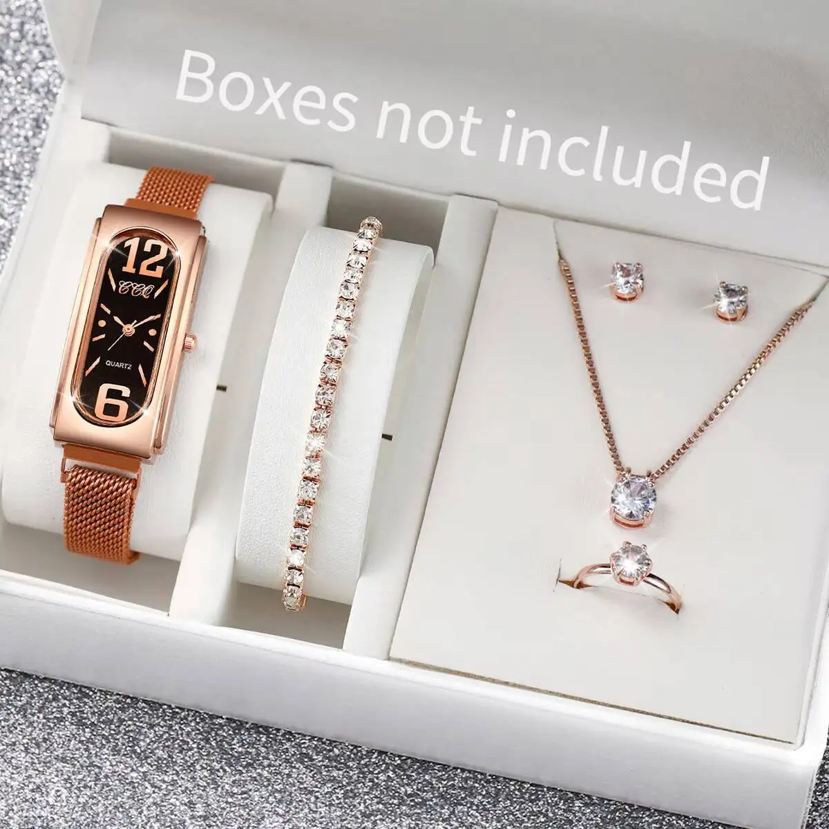 

6PCS/Set Fashion Rectangle Arabic Dial Women's Watch Magnet Clasp Quartz Watches Diamond Jewelry Set Reloj Mujer（Without Box）