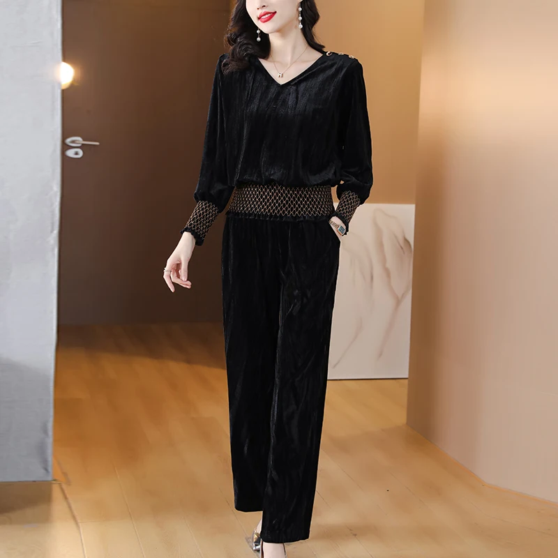 2023 New Fashion Golden Velvet Dress Women\'s Autumn Versatile Full Sleeve Loose Fit Casual Holiday Suit Two-Pieces Pants suit