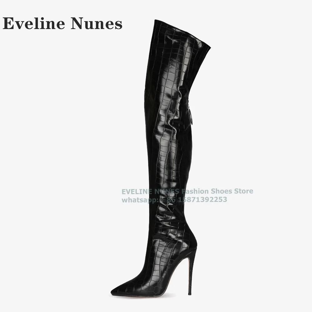 Brown Croc-Pattern Sexy Over-The-Knee Boots Pointed Toe Thin Heels Back Zipper Patchwork Women Modern Boot 2024 Winter New Trend
