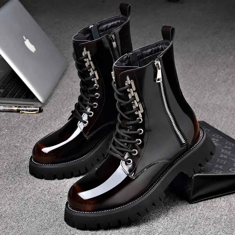 

mens fashion party nightclub autumn winter boots black brown patent leather shoes cowboy platform boot high motorcycle botas man