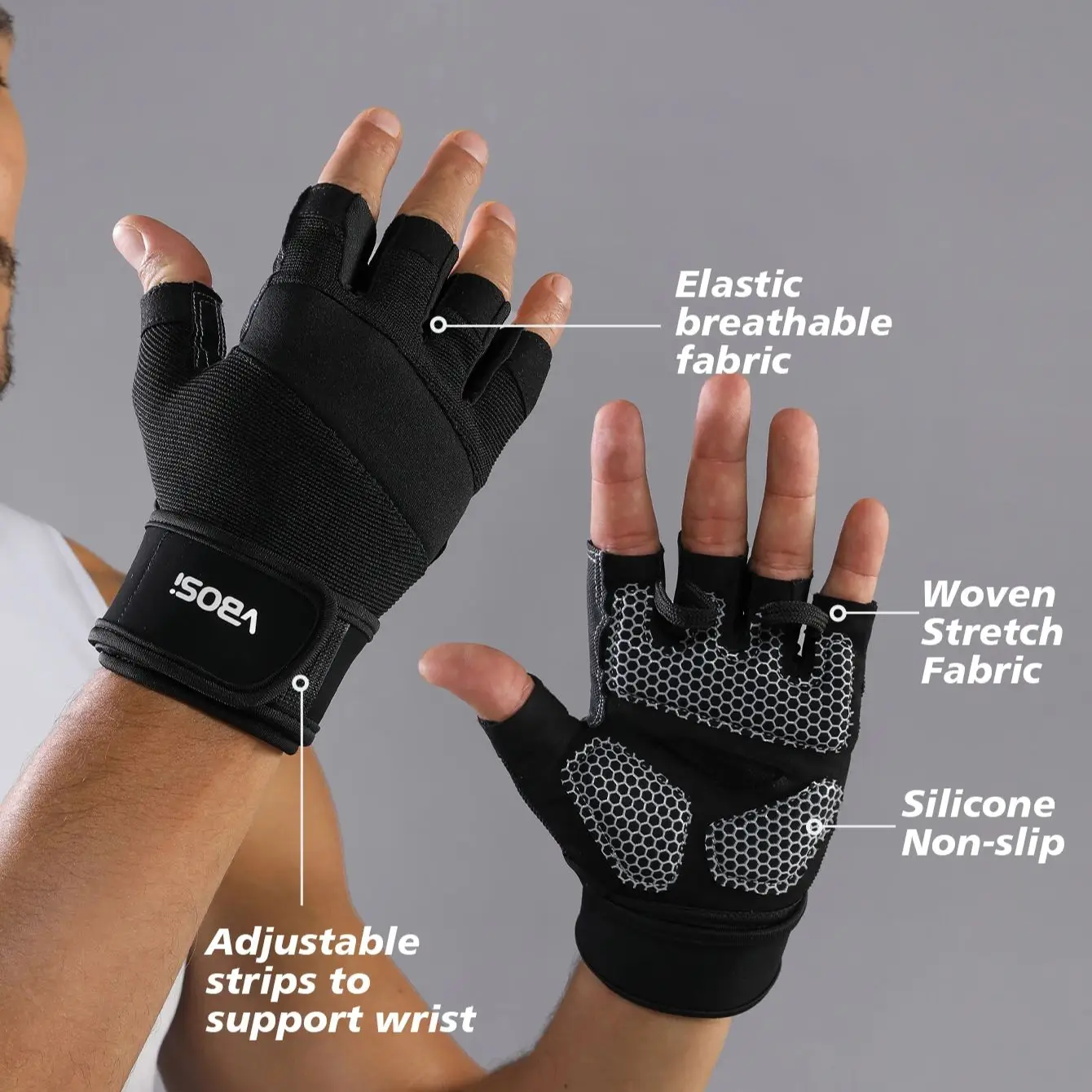VBOSi Anti-Slip Silicone Breathable Half Finger Sports Gloves for Deadlift Wrist Support with Adjustable Straps for Women Men