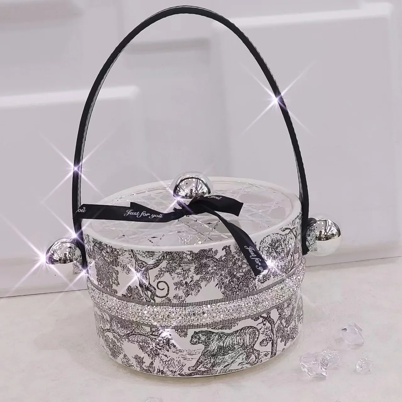 Rhinestone Desktop Storage Box With Lid luxury Ceramic Handle Household Jewelry Box Organizer Make Up Container Office Candy Box